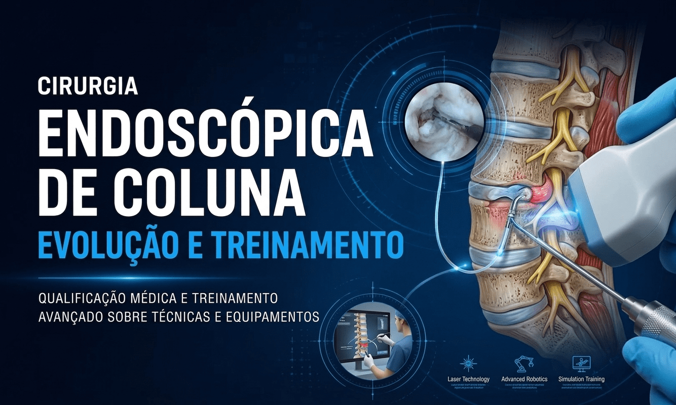 Infográfico médico e educacional em português sobre cirurgia endoscópica de coluna, focado em evolução técnica, qualificação médica e treinamento avançado.