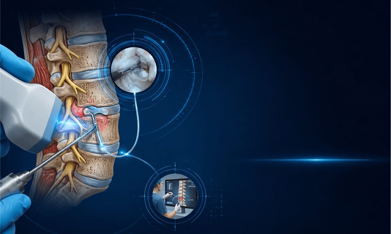 Infográfico médico e educacional em português sobre cirurgia endoscópica de coluna, focado em evolução técnica, qualificação médica e treinamento avançado.