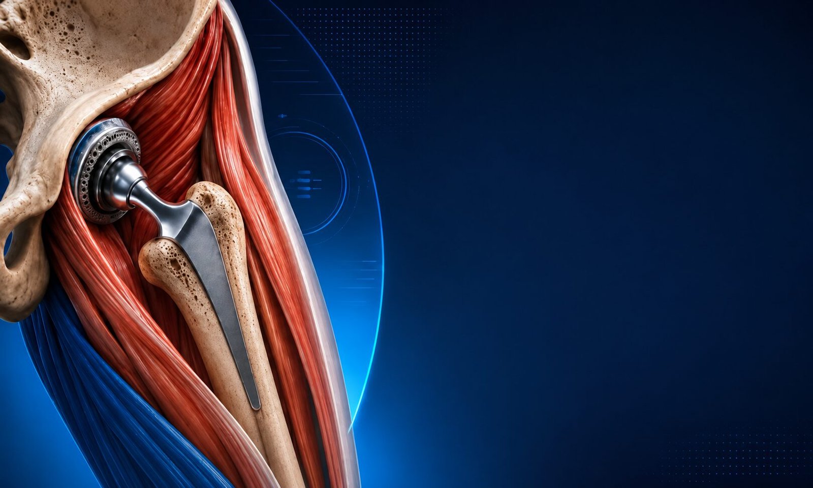 Ilustração anatômica de uma cirurgia de quadril por acesso anterior, com destaque para a prótese implantada.