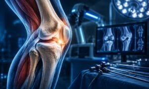 Cirurgia do joelho com representação anatômica da articulação, tecnologia médica, imagem de exames e instrumentos cirúrgicos em ambiente hospitalar.