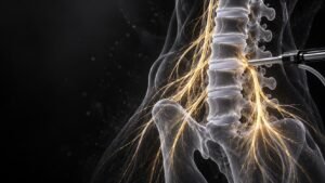 Cirurgia endoscópica da coluna com visualização das vértebras lombares e raízes nervosas.