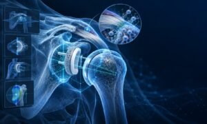 Ilustração do futuro da cirurgia do ombro, com planejamento digital de uma prótese e representação de tecnologias biológicas.
