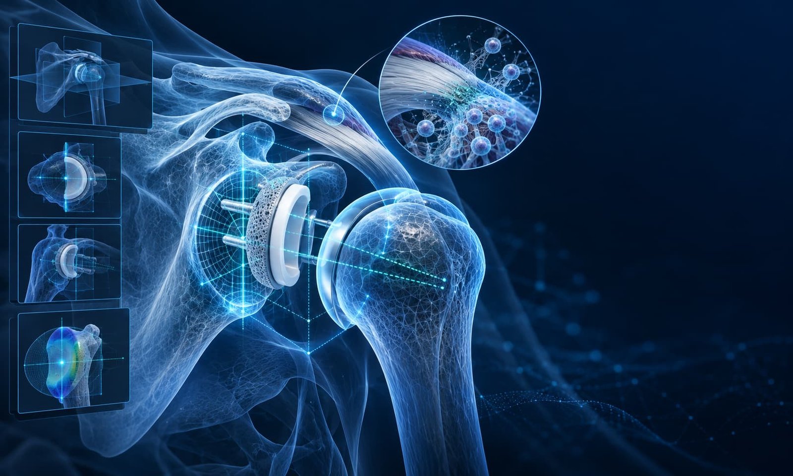 Ilustração do futuro da cirurgia do ombro, com planejamento digital de uma prótese e representação de tecnologias biológicas.