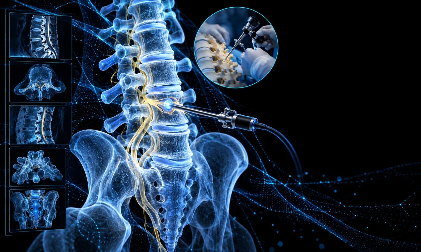 Ilustração sobre formação em cirurgia endoscópica da coluna, com anatomia lombar, endoscópio e treinamento em modelo anatômico.